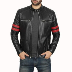Cafe Racer Leather Jacket with Red Stripes | Real Lambskin Leather and Padded Shoulders
