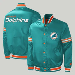 Miami Dolphins Letterman Jacket | Classic Teal Satin Design
