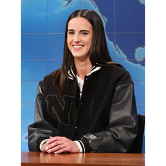 Caitlin Clark SNL Jacket | Black Fleece and Leather Varsity Style