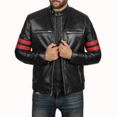 Cafe Racer Leather Jacket with Red Stripes | Real Lambskin Leather and Padded Shoulders