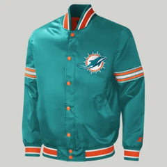 Miami Dolphins Letterman Jacket | Classic Teal Satin Design