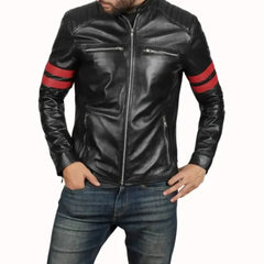 Cafe Racer Leather Jacket with Red Stripes | Real Lambskin Leather and Padded Shoulders