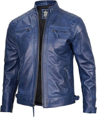 Men's Blue Genuine Lambskin Leather Cafe Racer Jacket - Stylish & Durable