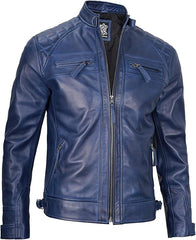Men's Blue Genuine Lambskin Leather Cafe Racer Jacket - Stylish & Durable