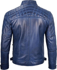 Men's Blue Genuine Lambskin Leather Cafe Racer Jacket - Stylish & Durable