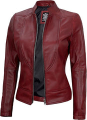 Women's Maroon Lambskin Leather Cafe Racer Jacket – Stylish & Durable