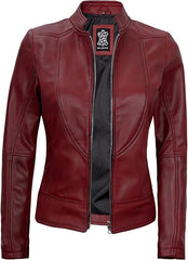 Women's Maroon Lambskin Leather Cafe Racer Jacket – Stylish & Durable