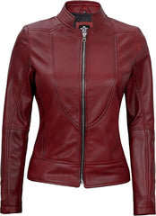 Women's Maroon Lambskin Leather Cafe Racer Jacket – Stylish & Durable