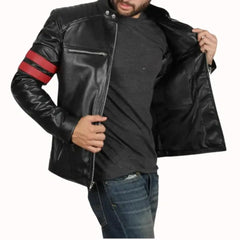 Cafe Racer Leather Jacket with Red Stripes | Real Lambskin Leather and Padded Shoulders