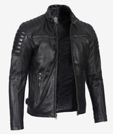 Cafe Racer Leather Jacket with Padded Shoulders | Stylish Black Motorcycle Outerwear