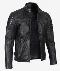 Cafe Racer Leather Jacket with Padded Shoulders | Stylish Black Motorcycle Outerwear