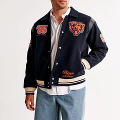 Chicago Bears Varsity Jacket | Classic Navy Blue Wool and Leather