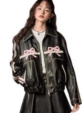Diddi Moda Bow Ribbon Leather Jacket | Sleek Black Stylish Outerwear