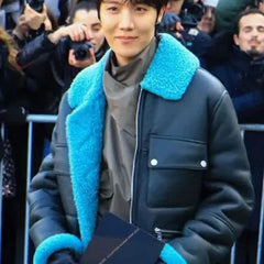 J-Hope Black and Blue Shearling Jacket | Real Leather with Shearling Lining