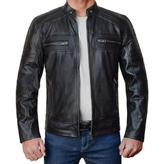 Cafe Racer Lambskin Leather Jacket | Real Lambskin with Quilted Shoulders