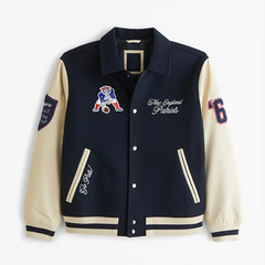 New England Patriots Varsity Jacket | Navy Blue Wool & Leather Design