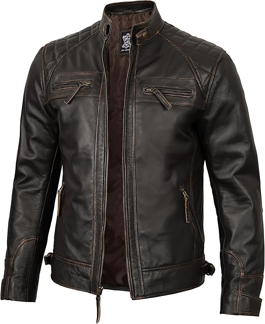 Men’s Quilted Moto Leather Jacket with Zip Closure & Adjustable Tabs | Best Leather House