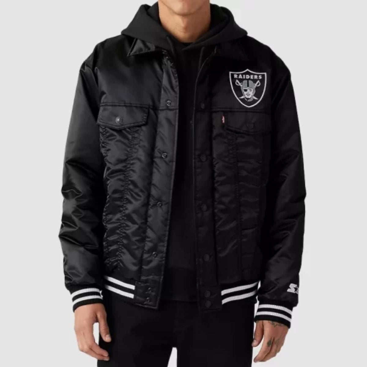 Las Vegas Raiders Satin Jacket | Black with Shirt Style Collar