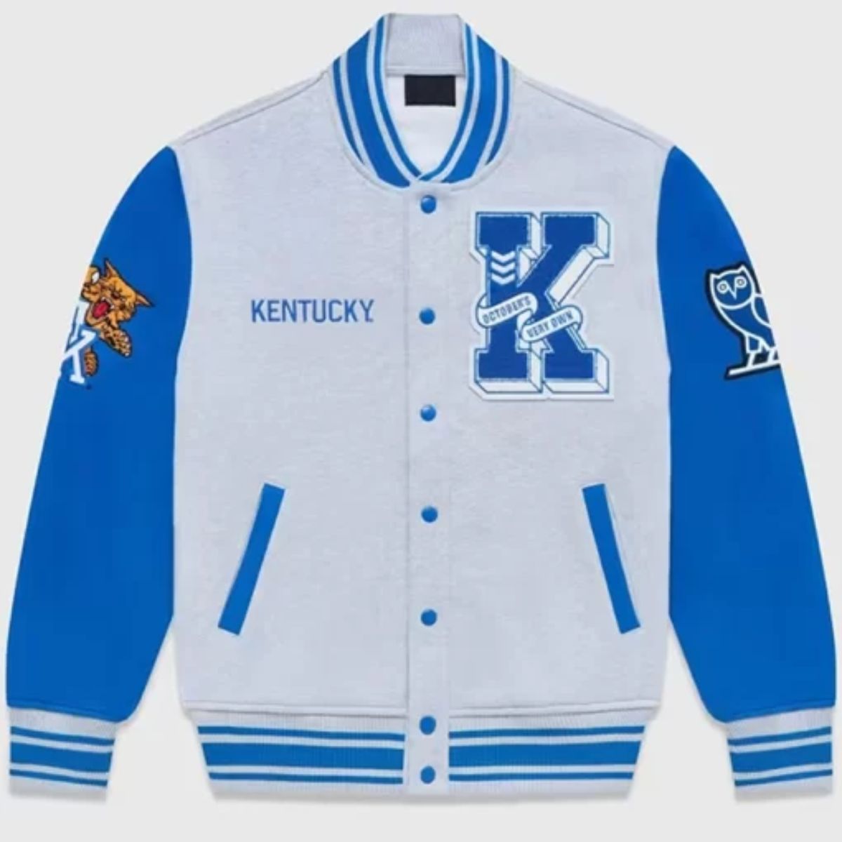 OVO x NCAA Kentucky Wildcats Varsity Jacket | Blue Wool & Leather Design