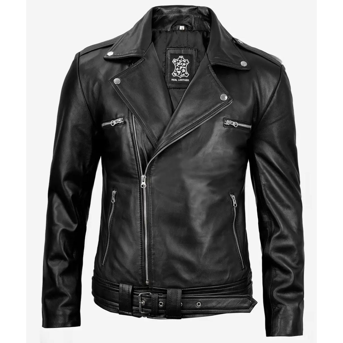 Men’s Black Asymmetrical Belted Moto Leather Jacket | Black Lambskin with Zipper Cuffs