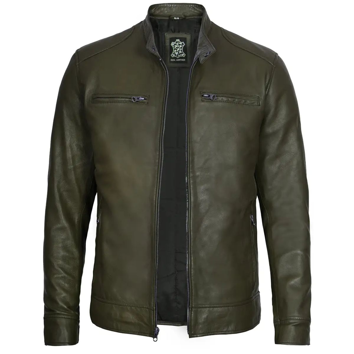 Men’s Dark Green Leather Jacket | Real Lambskin with Snap-tab Collar and Zippered Cuffs