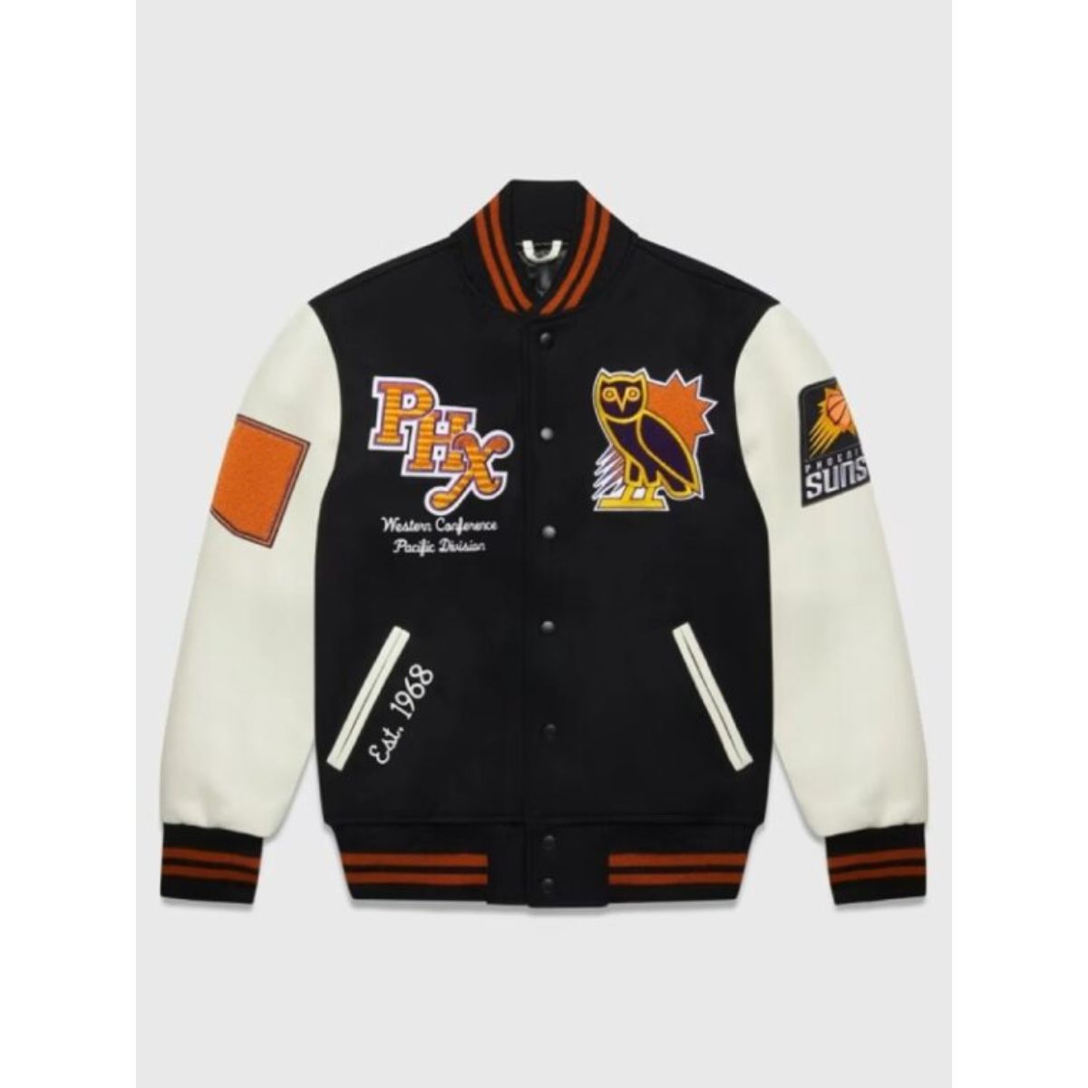 Phoenix Suns OVO Varsity Jacket | Black & White Wool Blend Design
