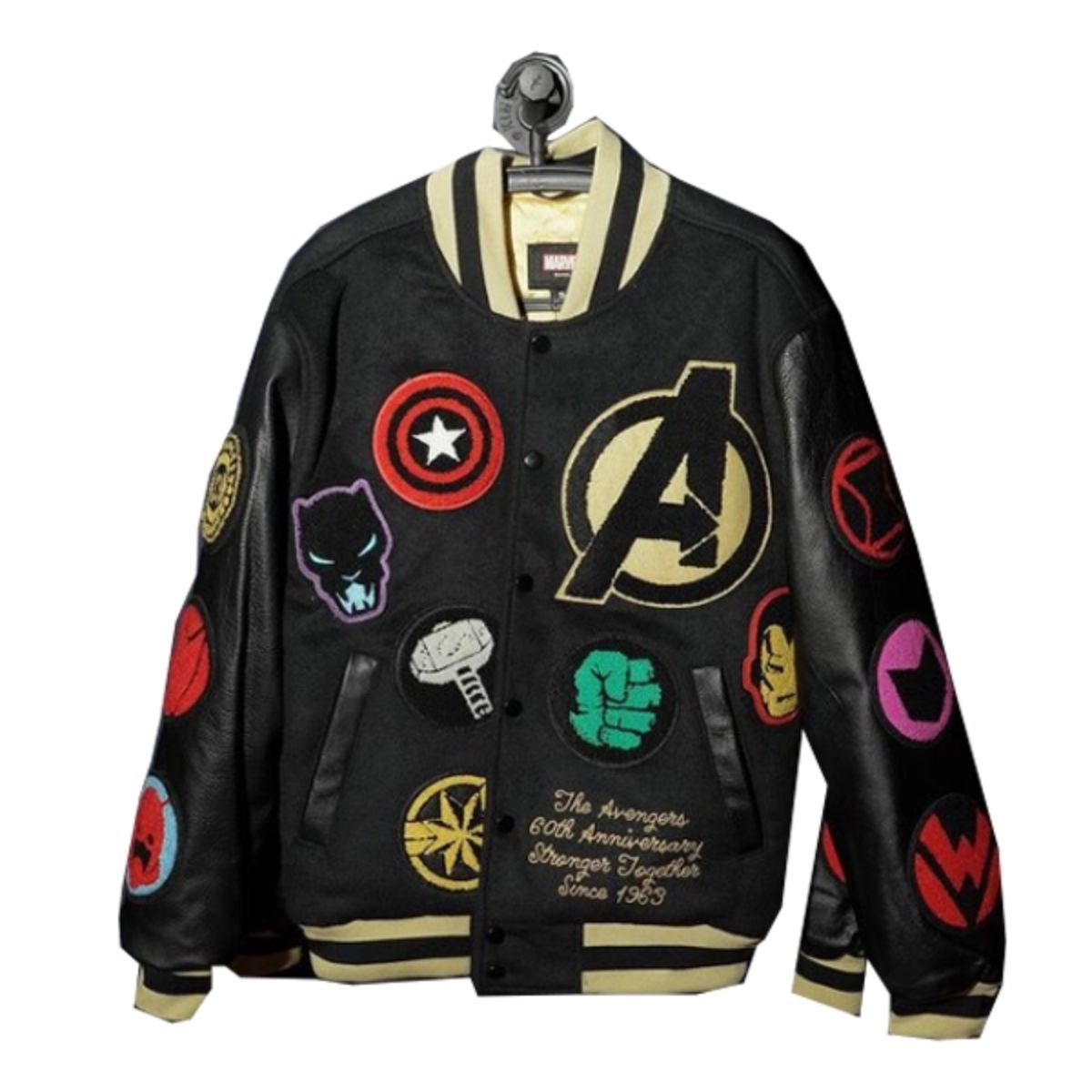 Avengers 60th Anniversary Varsity Jacket | Iconic Black Wool & Leather Design
