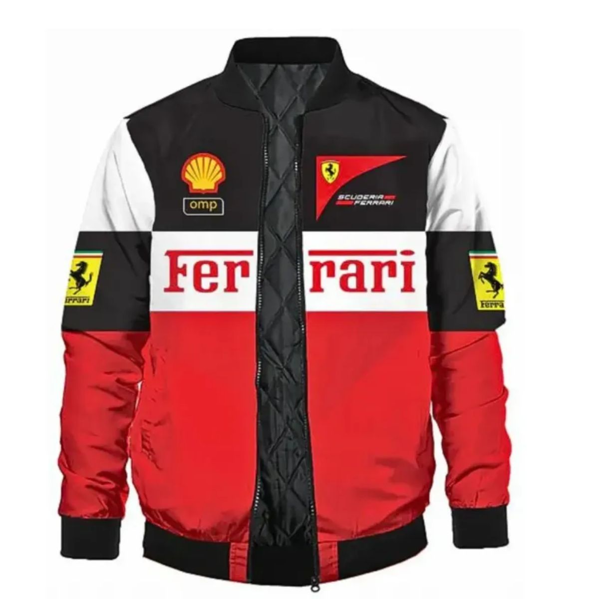 Ferrari Bomber Racing Jacket | Red and Black Polyester with Rib-Knitted Details