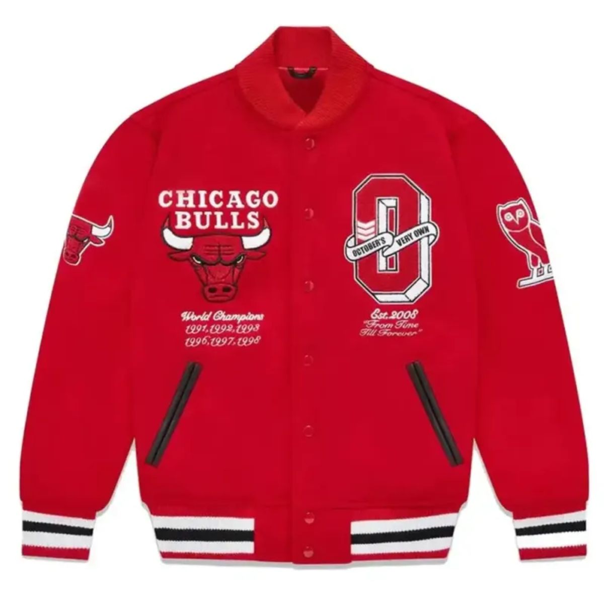 Chicago Bulls OVO Red Varsity Jacket | Bold Wool Fabric Design