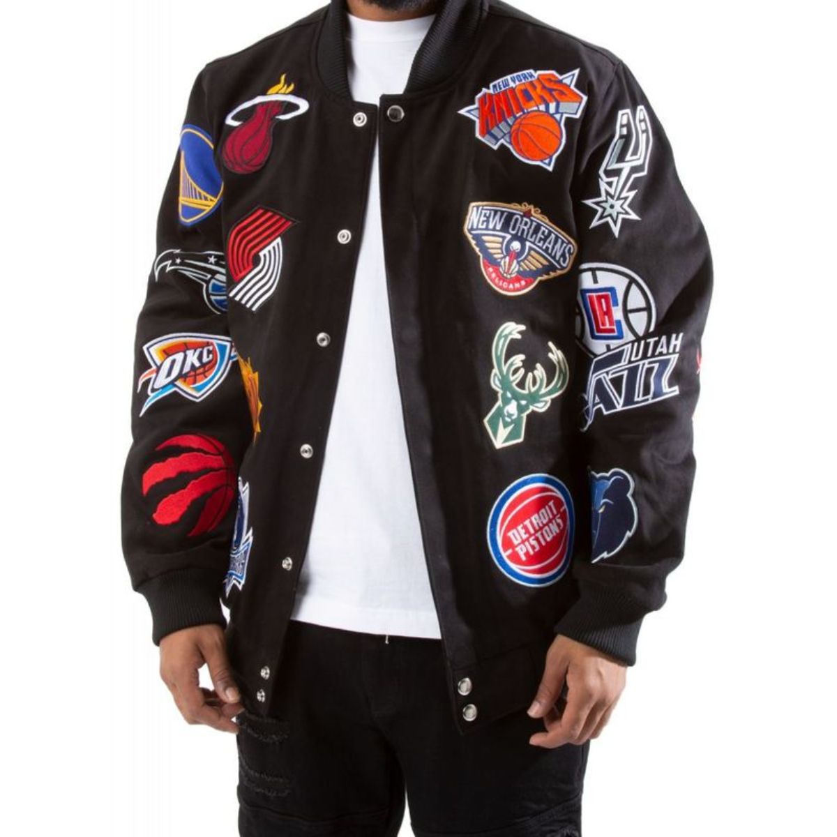 Collage Patch Jacket | Stylish Black Wool-Blend Varsity Design