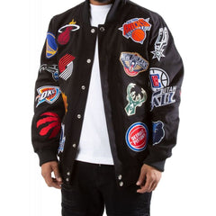 Collage Patch Jacket | Stylish Black Wool-Blend Varsity Design