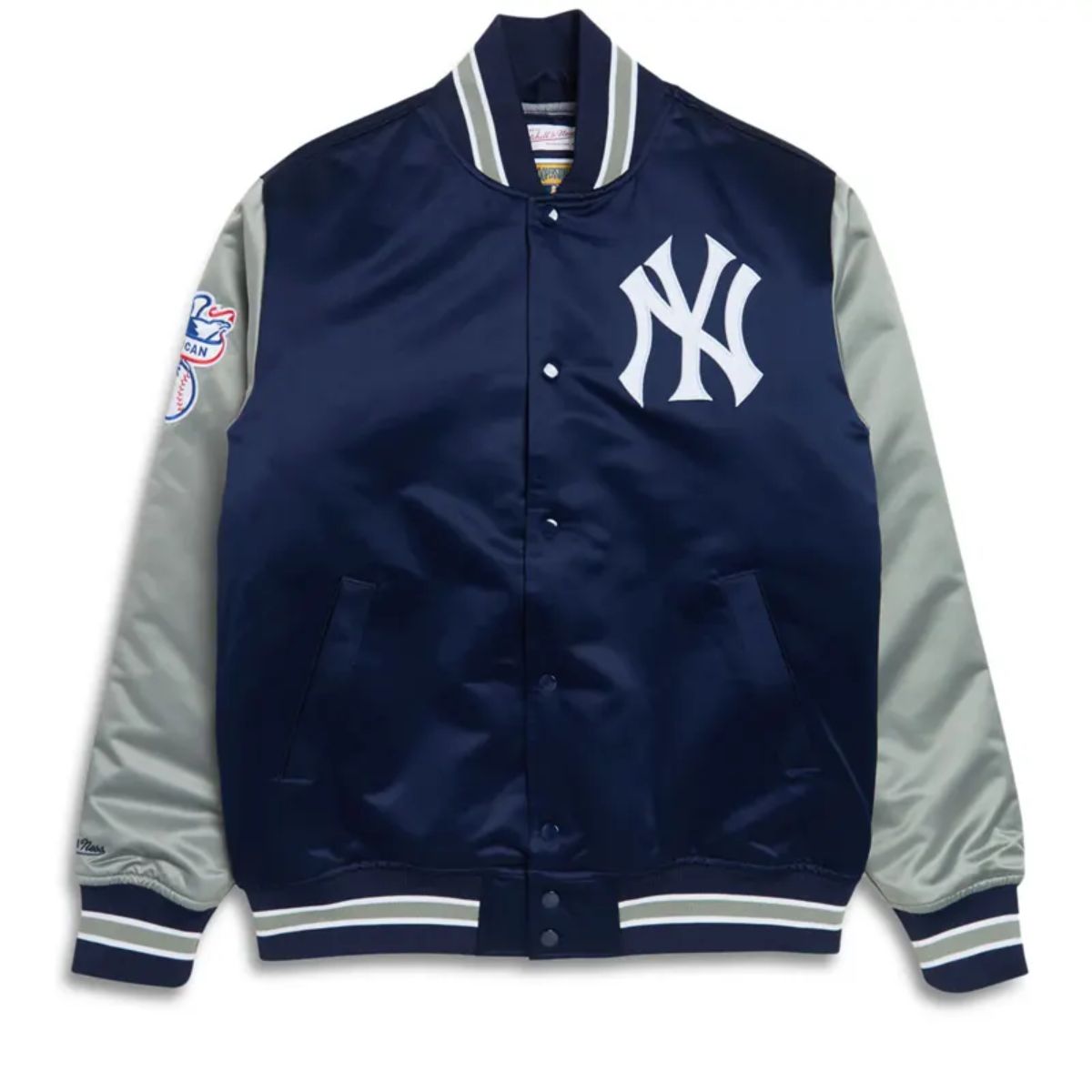 Yankees Navy and Grey Satin Varsity Jacket | Snap-Tab Button & Rib-Knitted Details