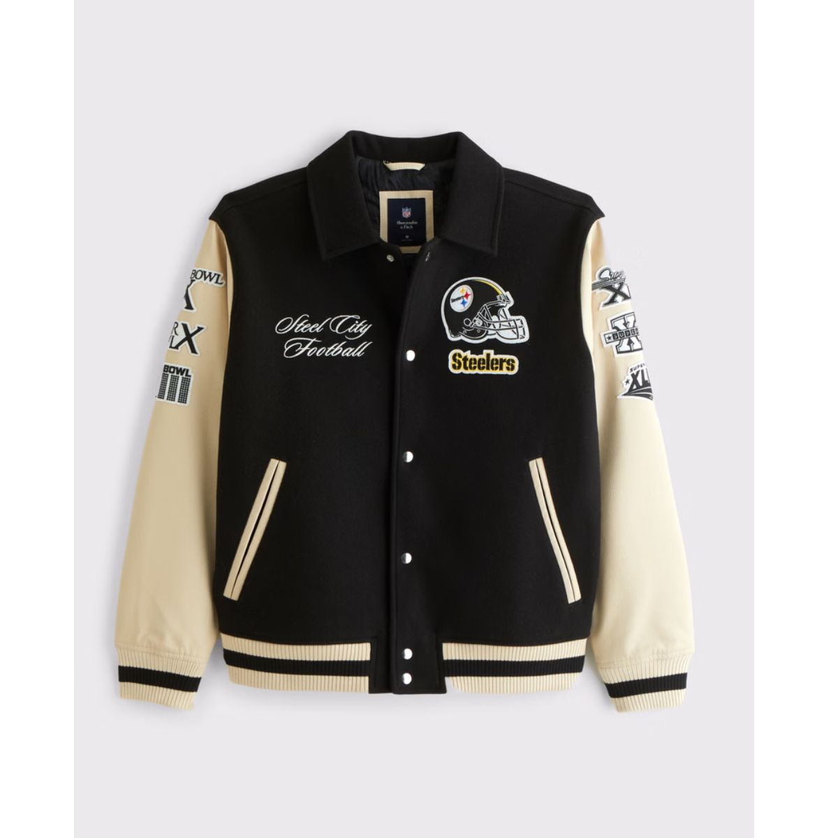 Pittsburgh Steelers Varsity Jacket | Black Wool & Rib-Knitted