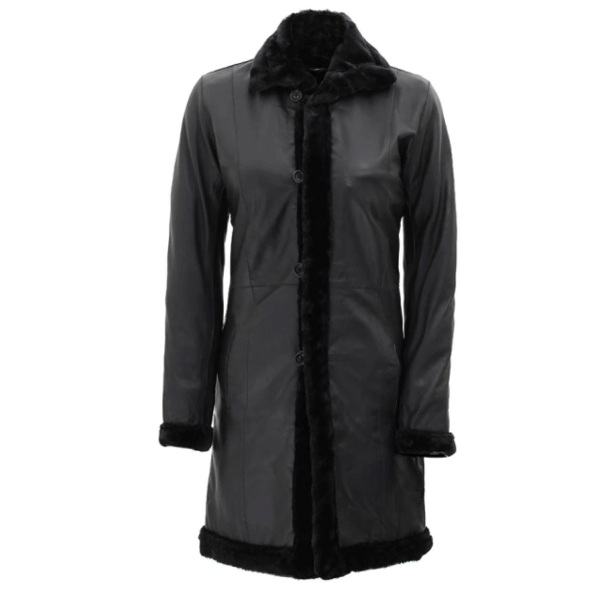 Women’s Black Leather Long Shearling Coat | Luxurious Winter Outerwear