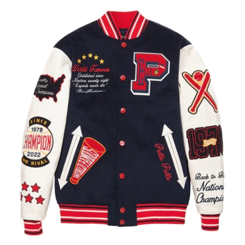 Pelle Pelle Varsity Jacket | Wool & Leather Design in Navy, Sky Blue, and Dark Grey
