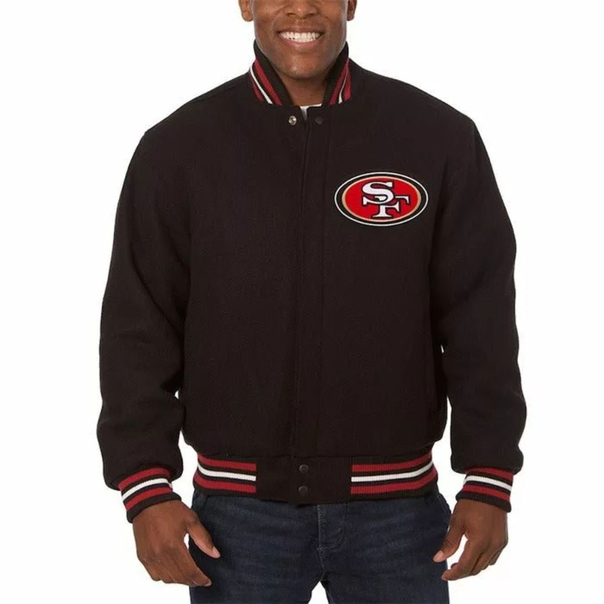 San Francisco 49ers Varsity Jacket | Black Fleece with Rib-Knitted Details