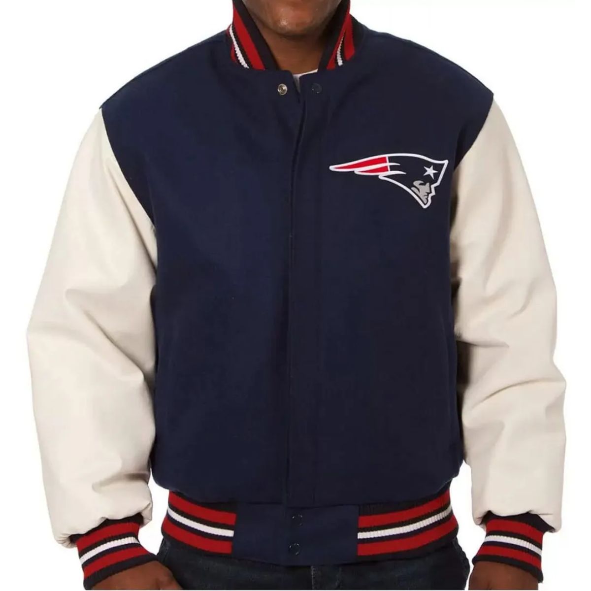 New England Patriots Blue and White Varsity Jacket | Wool & Leather Classic