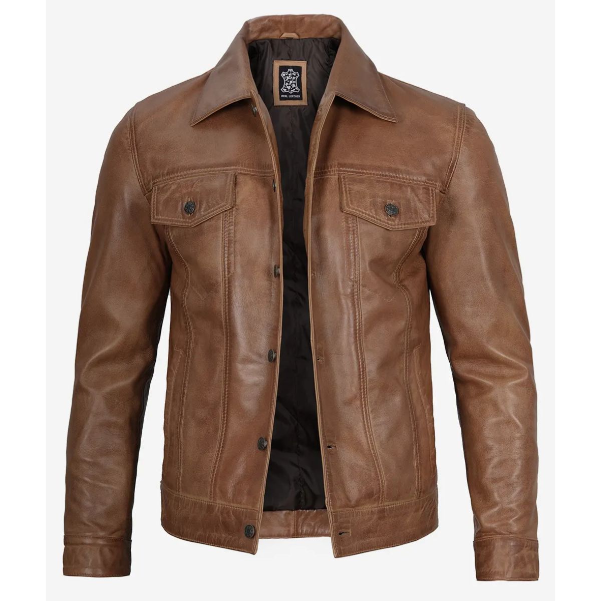 Men’s Camel Brown Trucker Jacket | Classic Lambskin Leather with Stylish Design