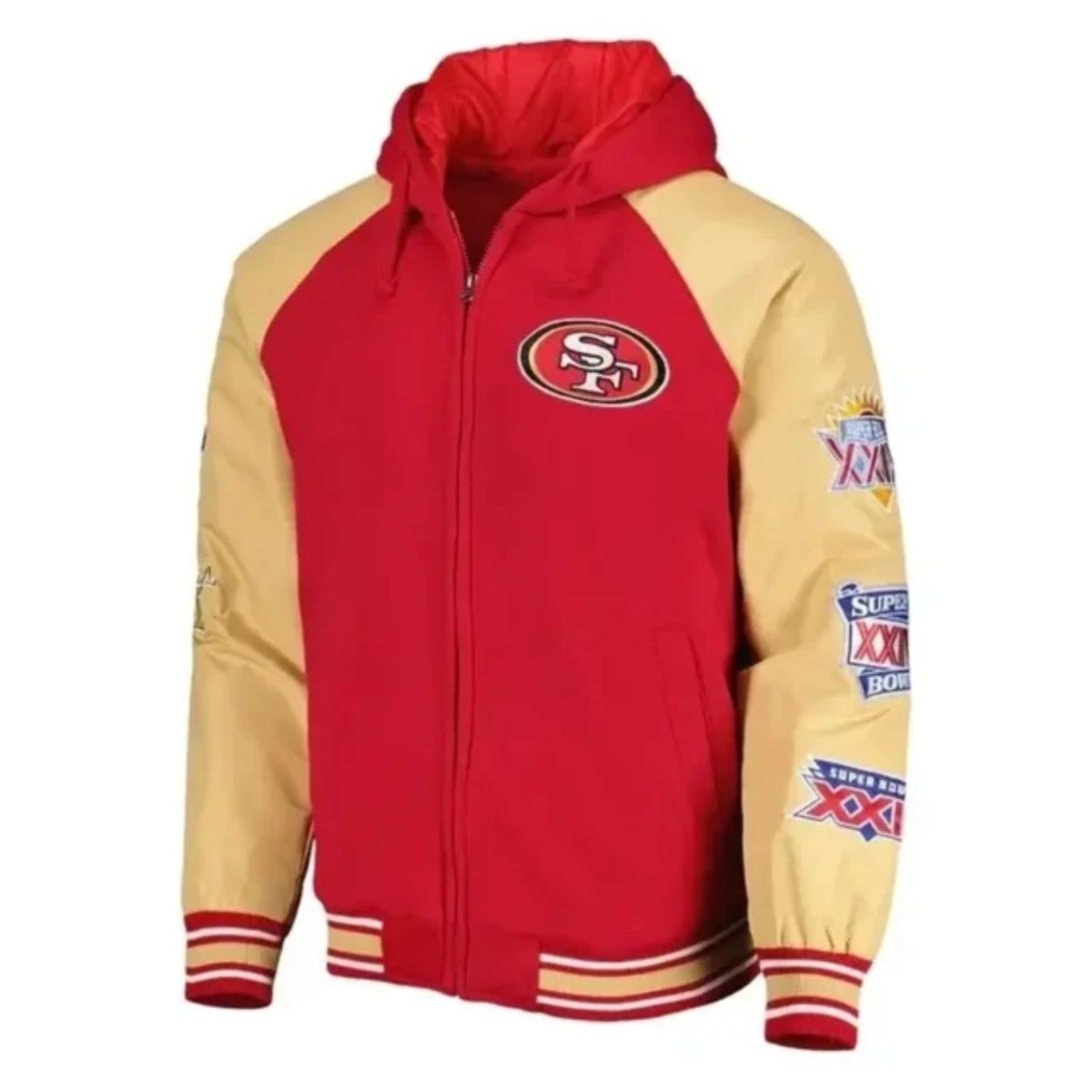 San Francisco 49ers Super Bowl Hooded Varsity Jacket | Red & Golden Wool & Leather
