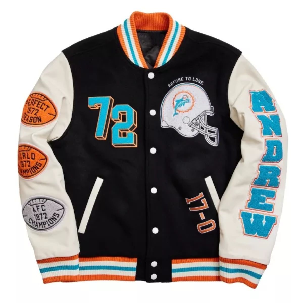 Miami Dolphins Letterman Jacket | Classic Teal Satin Design