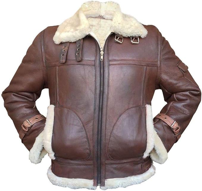 Men’s Shearling Jacket with Belted Cuffs and Large Buckle Collar