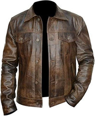 Men's Brown Genuine Leather Trucker Jacket with Button Closure