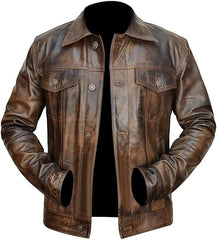 Men's Brown Genuine Leather Trucker Jacket with Button Closure