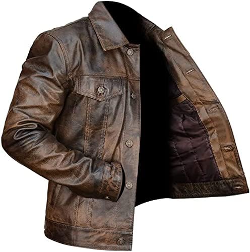 Men's Brown Genuine Leather Trucker Jacket with Button Closure