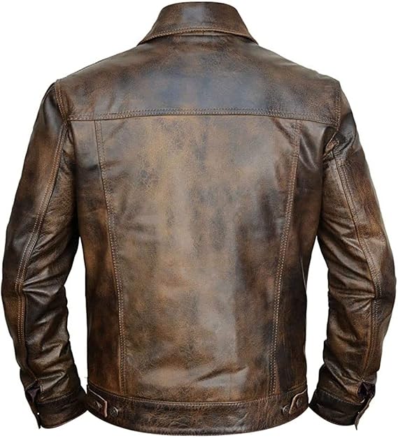 Men's Brown Genuine Leather Trucker Jacket with Button Closure