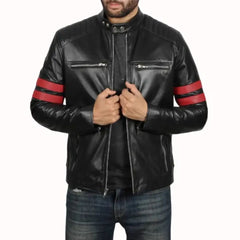 Cafe Racer Leather Jacket with Red Stripes | Real Lambskin Leather and Padded Shoulders