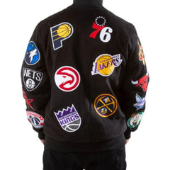 Collage Patch Jacket | Stylish Black Wool-Blend Varsity Design