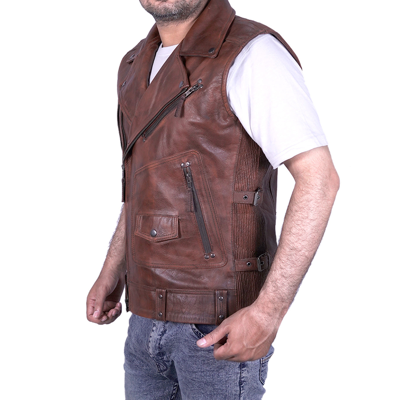 Men's Cowhide Leather Biker Vest with Zipper Front | Best Leather House