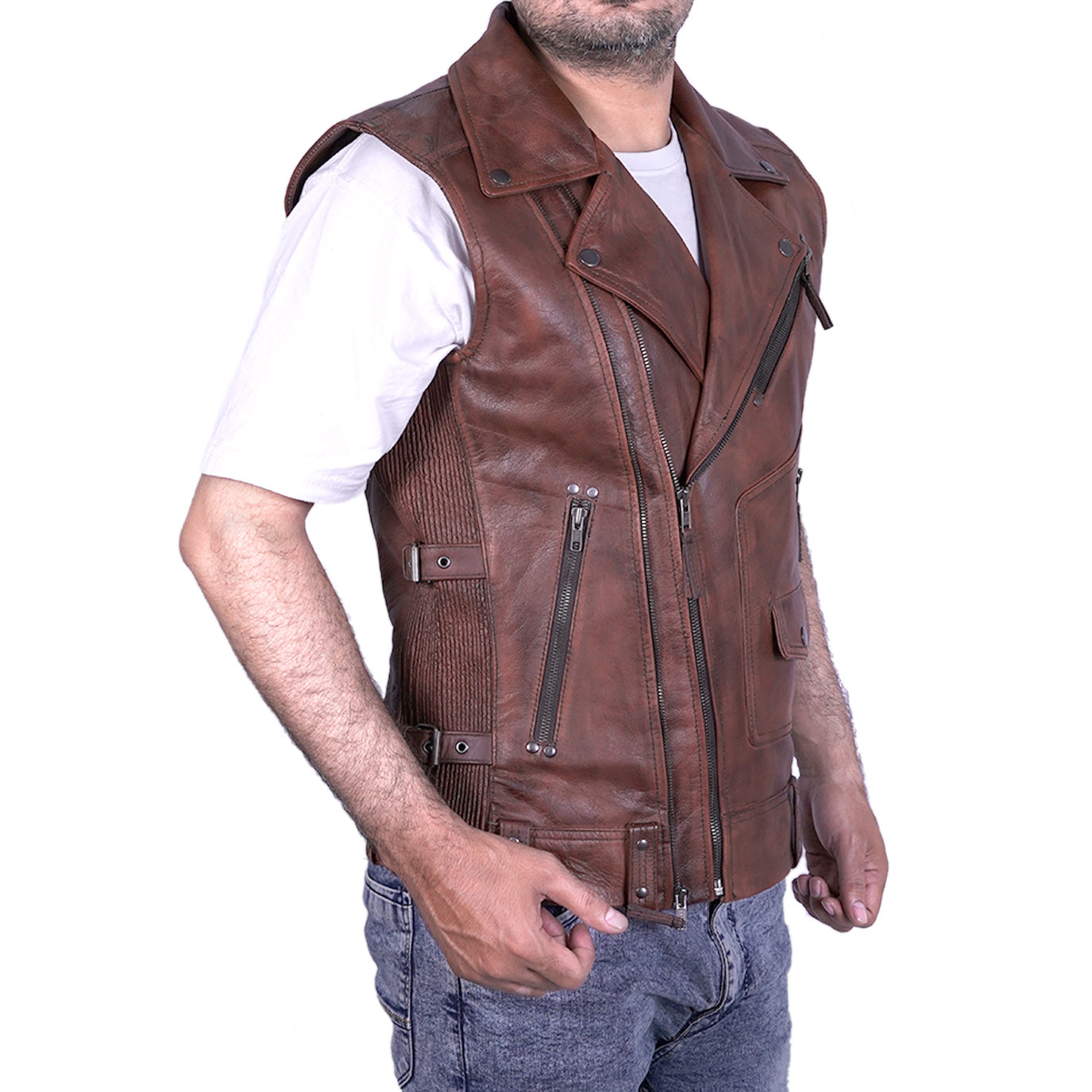 Men's Cowhide Leather Biker Vest with Zipper Front | Best Leather House