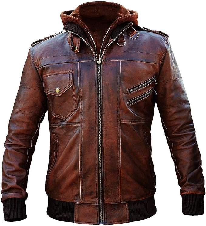 Men’s Quilted Real Leather Jacket with Hoodie Collar | Best Leather House